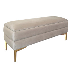 Pufa tapicerowana nowoczesna w pasy BEŻ MV ze schowkiem nóżki złote