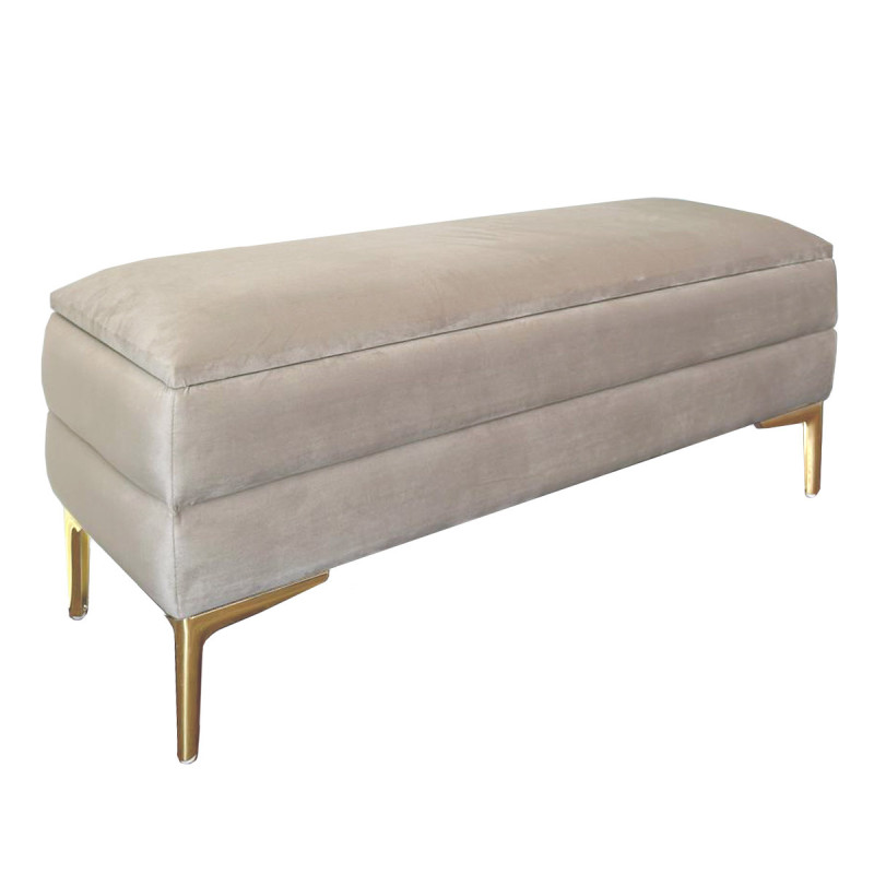 Pufa tapicerowana nowoczesna w pasy BEŻ MV ze schowkiem nóżki złote