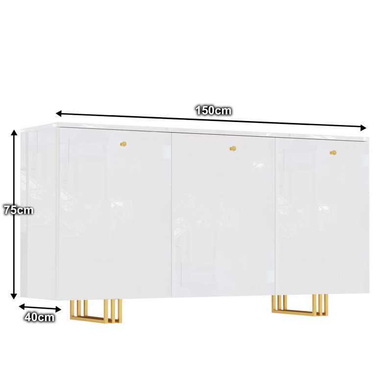 Komoda KLARA z szafkami 150 cm biały połysk/złoty