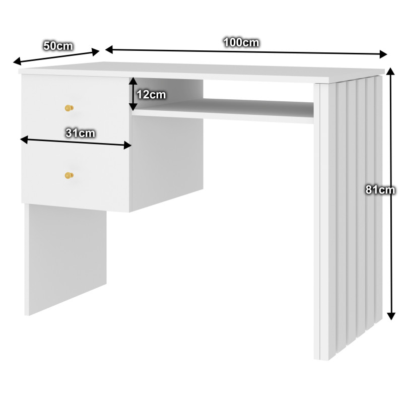 Biurko wolnostojące KLARA 2S z szufladami 100 cm z lamelami biały/złoty PREMIUM