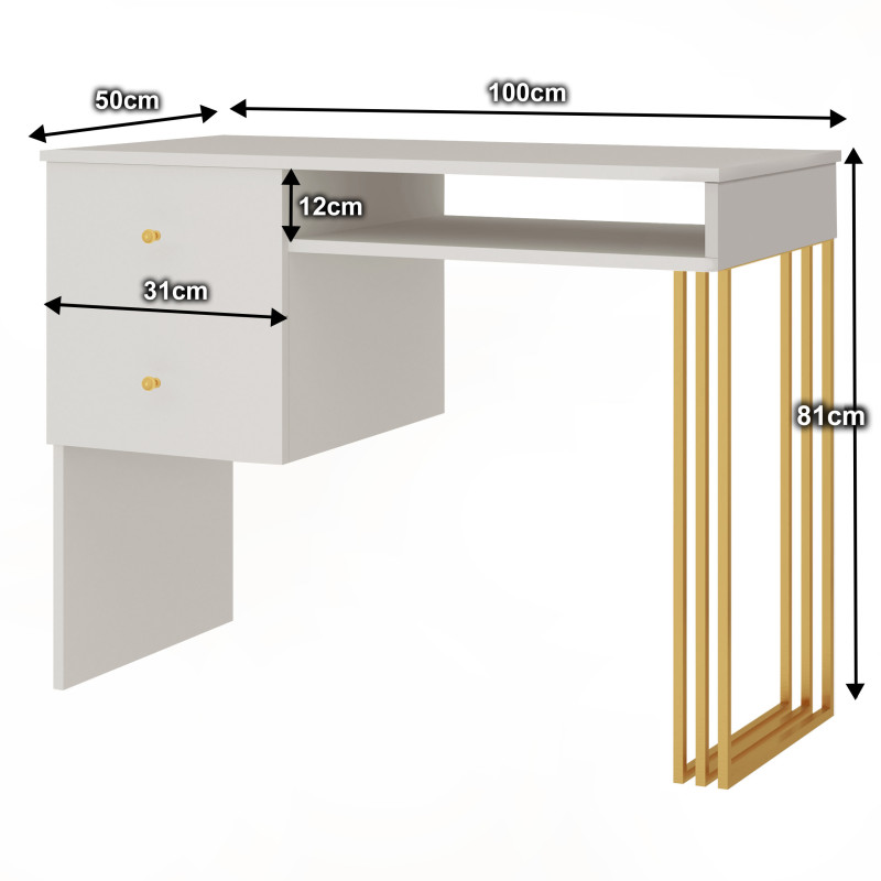 Biurko wolnostojące KLARA 2S z szufladami 100 cm kaszmir beż/złota noga PREMIUM