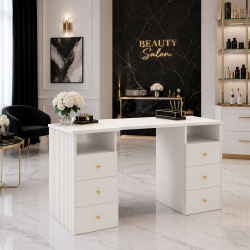 Biurko kosmetyczne wolnostojące KLARA 6S PREMIUM biały/złoty + panel ryflowany