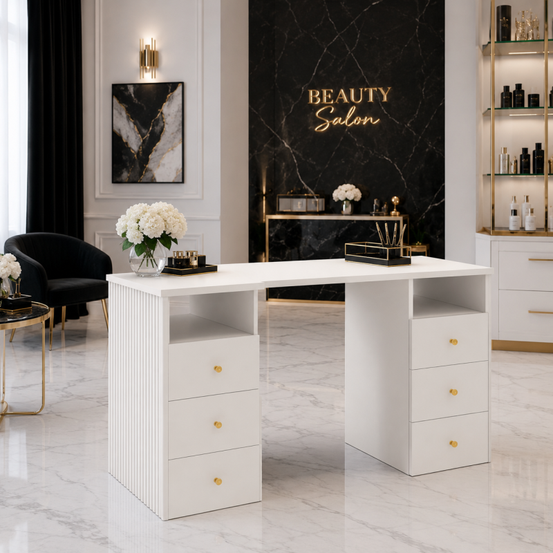 Biurko kosmetyczne wolnostojące KLARA 6S PREMIUM biały/złoty + panel ryflowany