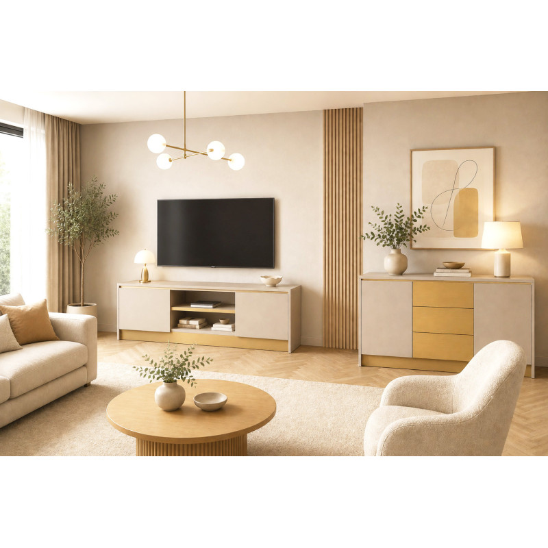 Szafka RTV GOLD 120cm kaszmir + złoty szczotkowany