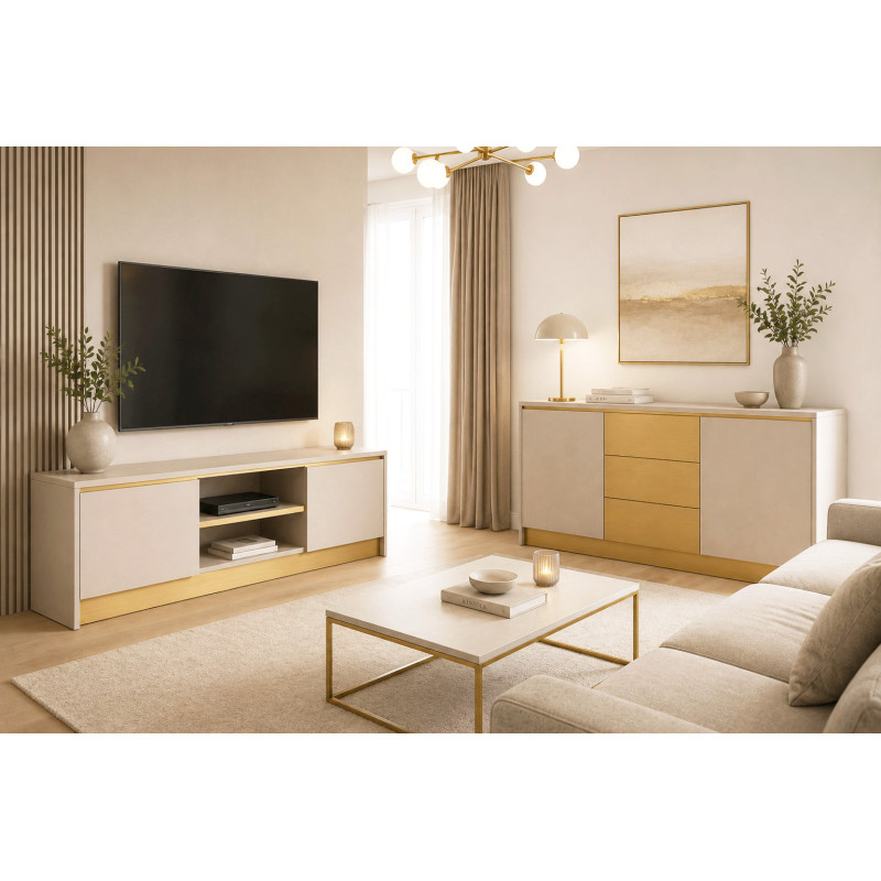 Szafka RTV GOLD 120cm kaszmir + złoty szczotkowany