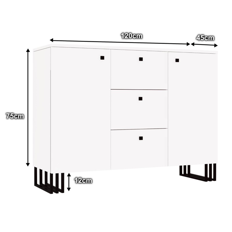 Komoda  KLARA z szafkami i szufladami 120 cm biały mat/czarny