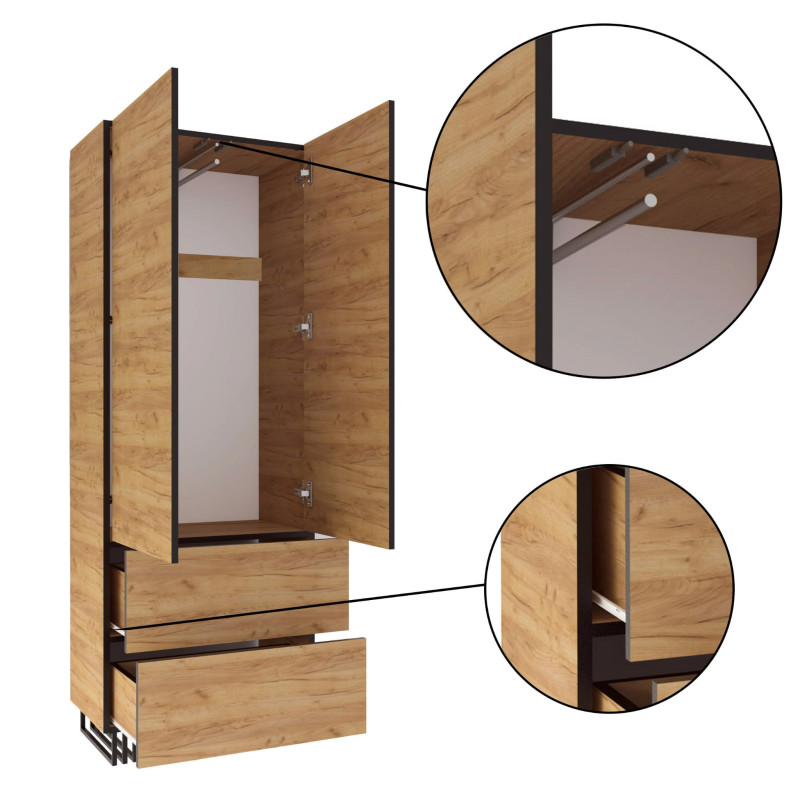 Szafa loft KLARA 180 cm z szufladami cm dąb craft złoty