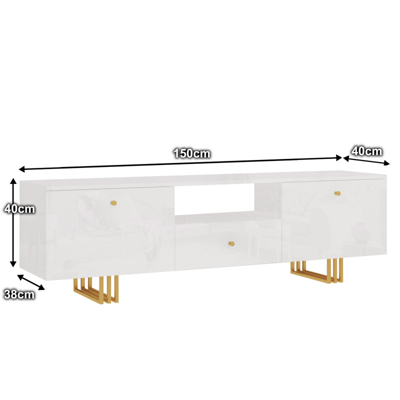 Szafka RTV KLARA 150 cm biały połysk/złoty