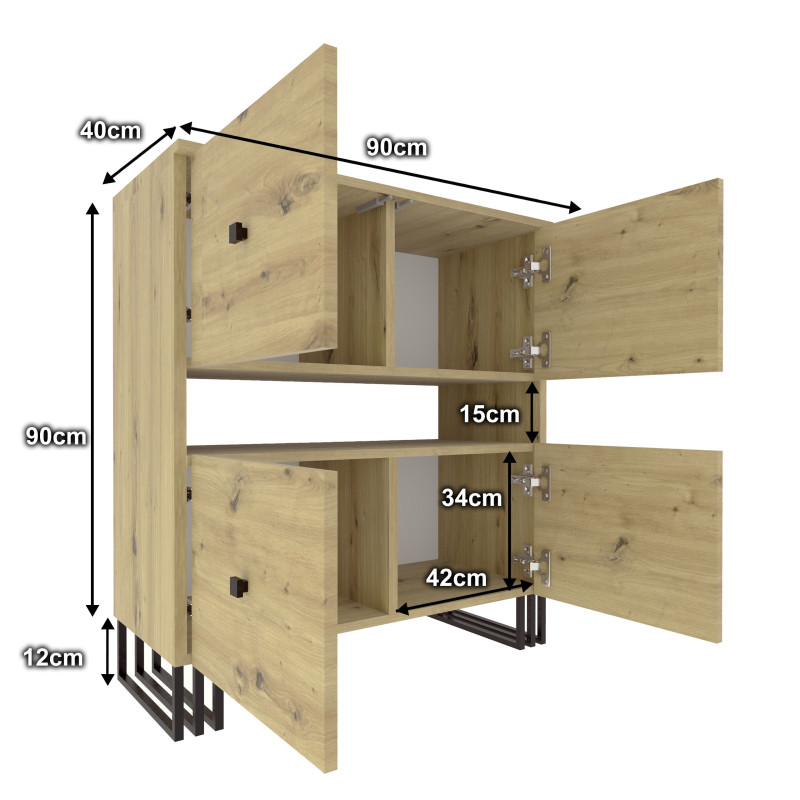 Regał komoda VIKING 4D z szafkami 90 cm dąb artisan/czarny