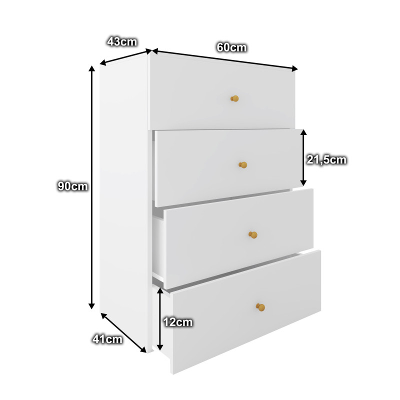 Komoda Klara 60cm z czterema szufladami biały + złote uchwyty
