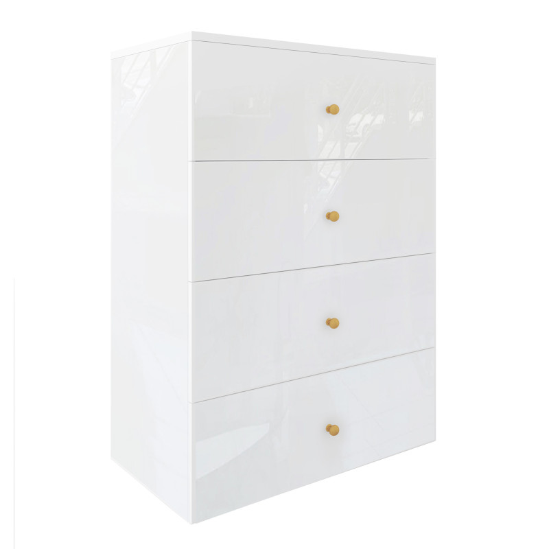 Komoda Klara 60cm z czterema szufladami biały połysk + złote uchwyty