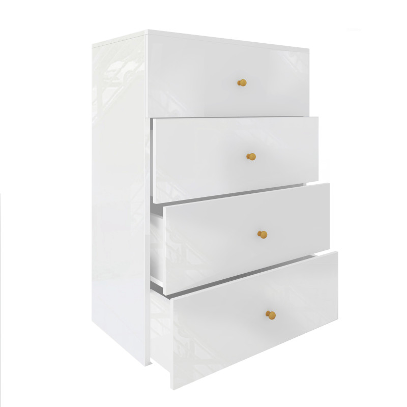 Komoda Klara 60cm z czterema szufladami biały połysk + złote uchwyty