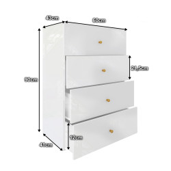 Komoda Klara 60cm z czterema szufladami biały połysk + złote uchwyty