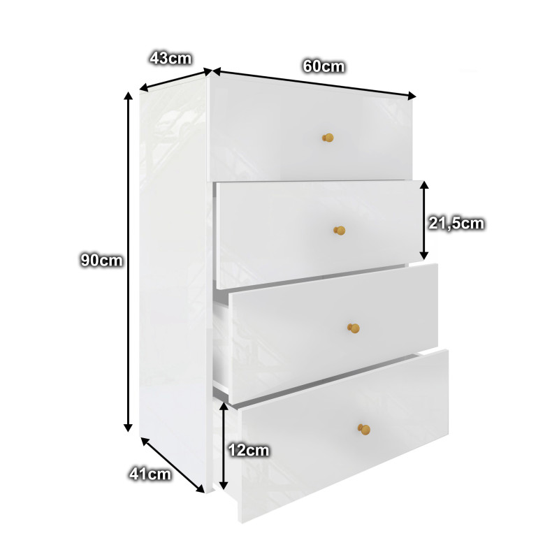 Komoda Klara 60cm z czterema szufladami biały połysk + złote uchwyty