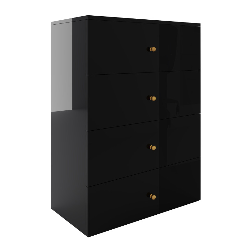 Komoda Klara 60cm z czterema szufladami czarny połysk + złote uchwyty