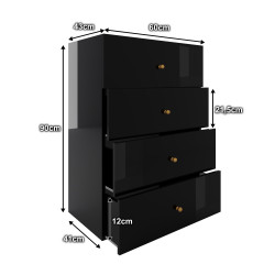 Komoda Klara 60cm z czterema szufladami czarny połysk + złote uchwyty