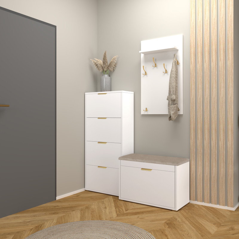 Szafka na buty z siedziskiem FALA 1W biały/beżowy +uchwyt krawędziowy złoty