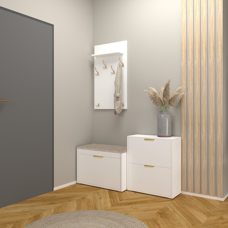 Szafka na buty uchylna FALA 12 biała + uchwyt krawędziowy złoty