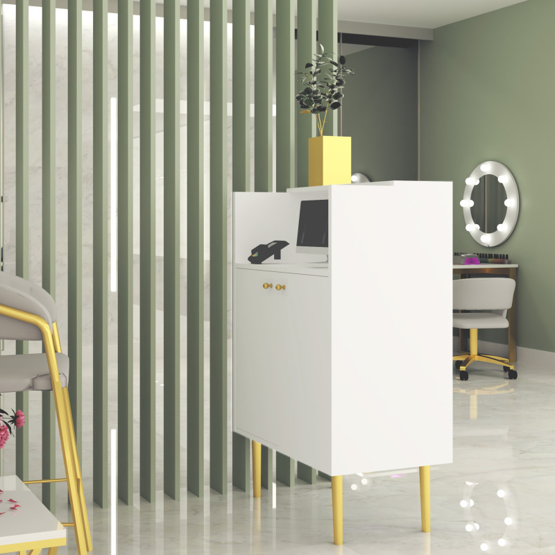 Lada recepcyjna KLARA 3 biały mat/złoty z panelem V czarnym