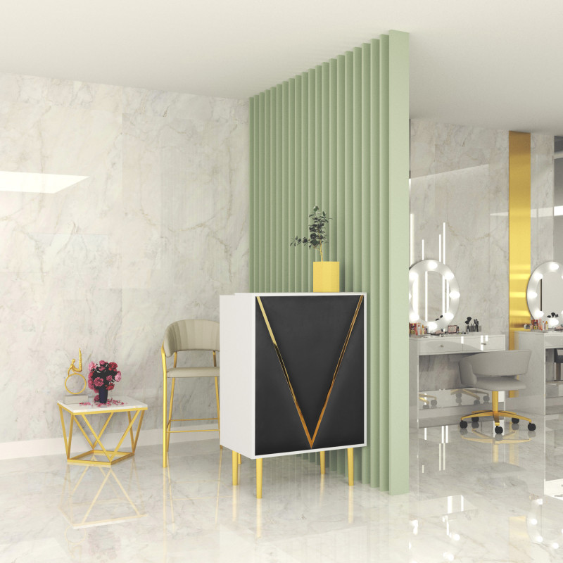 Lada recepcyjna KLARA 3 biały mat/złoty z panelem V czarnym