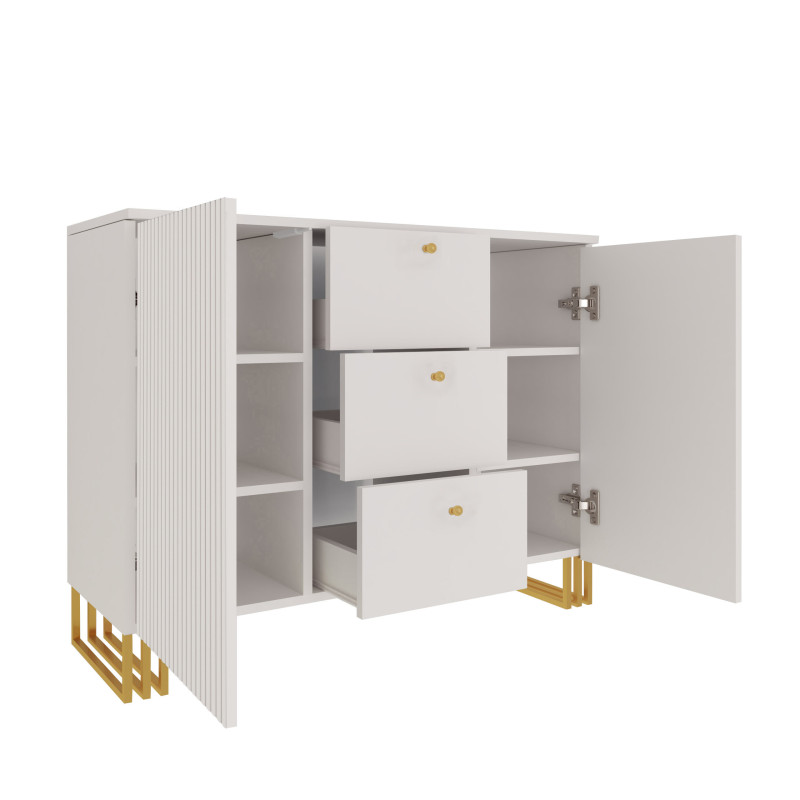 Komoda  KLARA z szafkami i szufladami 120 cm kaszmir beż/złoty + drzwiczki ryflowane