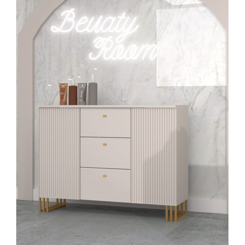 Komoda  KLARA z szafkami i szufladami 120 cm kaszmir beż/złoty + drzwiczki ryflowane